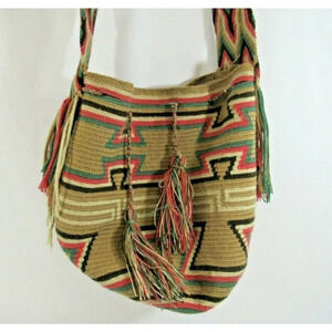 Wayúu Mochila Bag Woven Handbag Bucket with Shoulder Straps Colombian Pink Beige